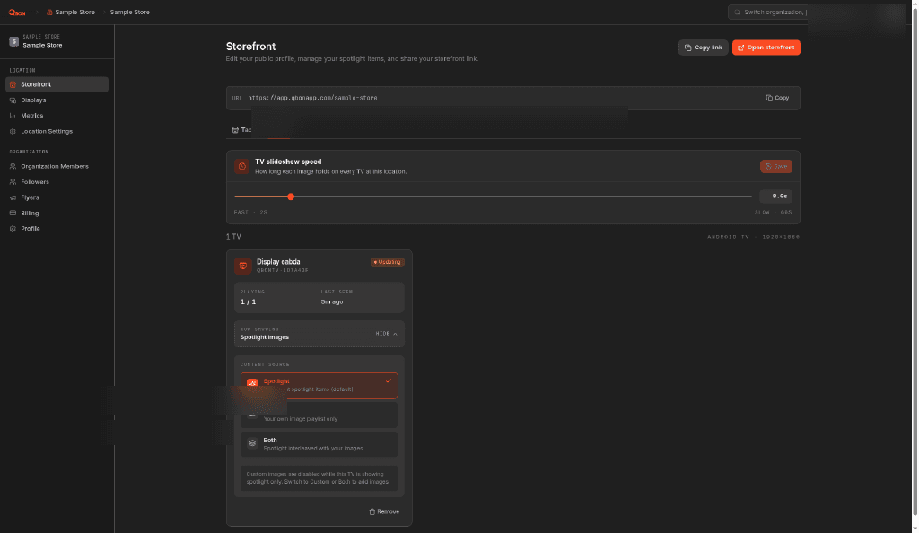 Qbon TV tab with spotlight content source selected